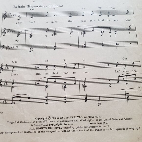 The Exodus Song Vintage 1961 Sheet Music - Picture 3 of 3